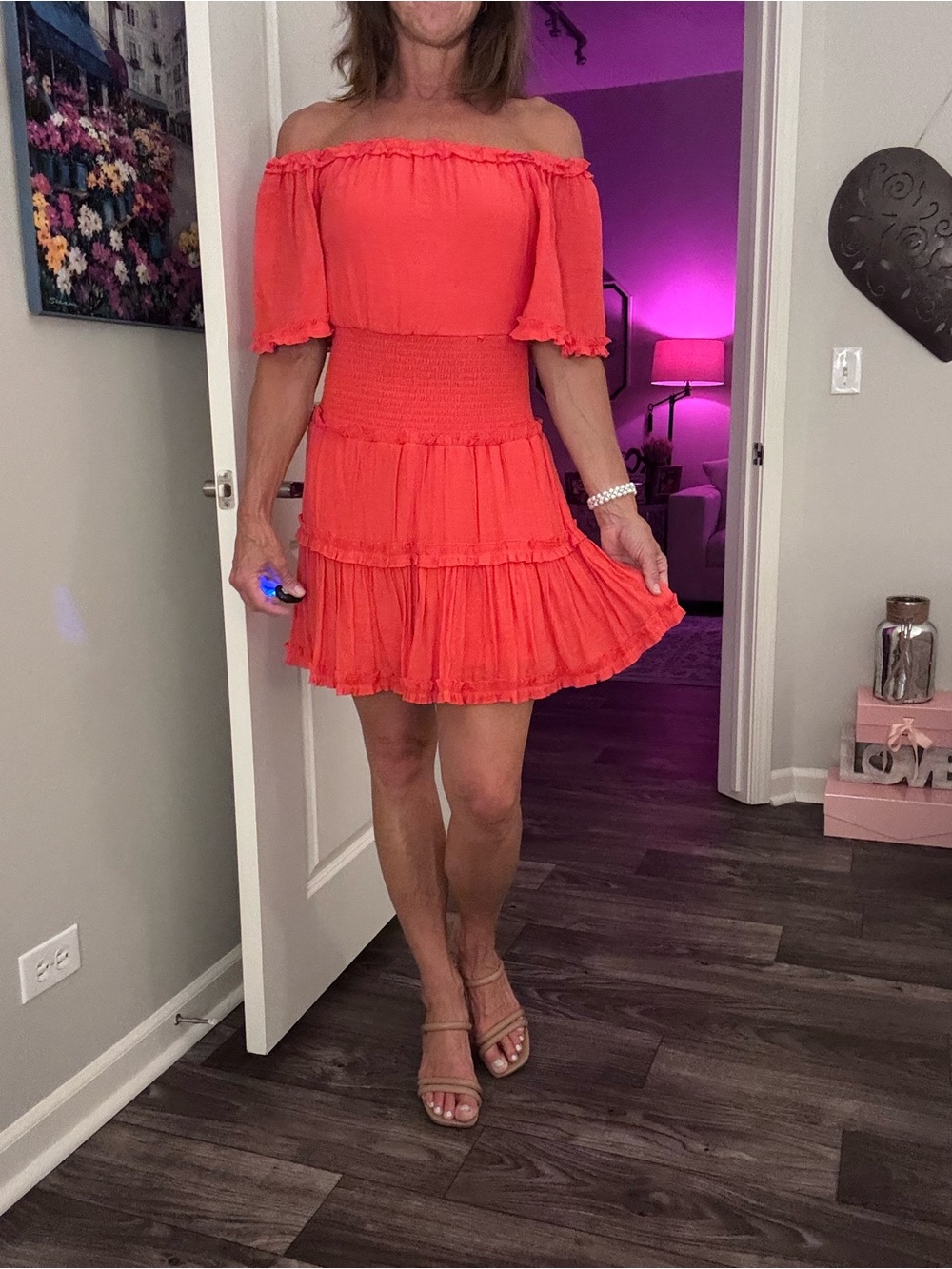 She + Sky Coral Orange Off-Shoulder Ruffle Tiered Mini Dress